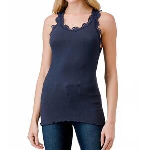 NEW HASHTAG lace trim ribbed tank in navy
